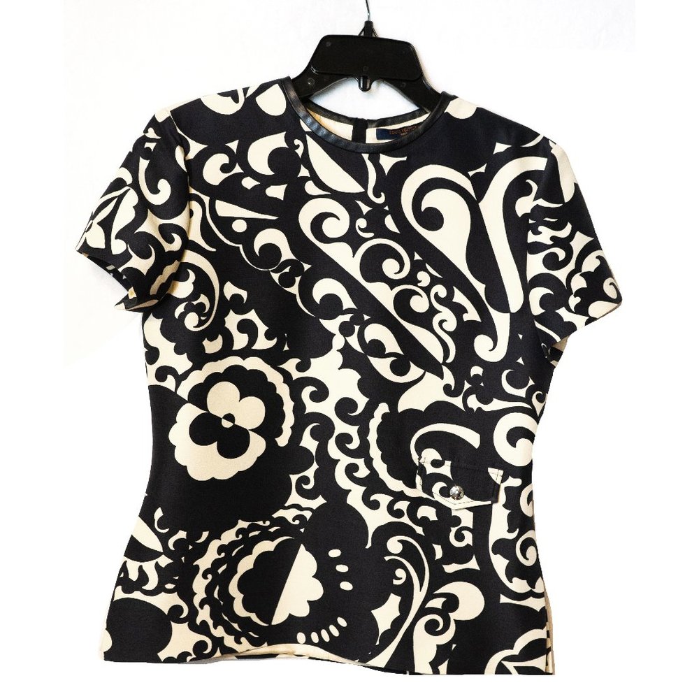 Louis Vuitton Cream and Black Leather Trim Crew Neck Top Size FR38